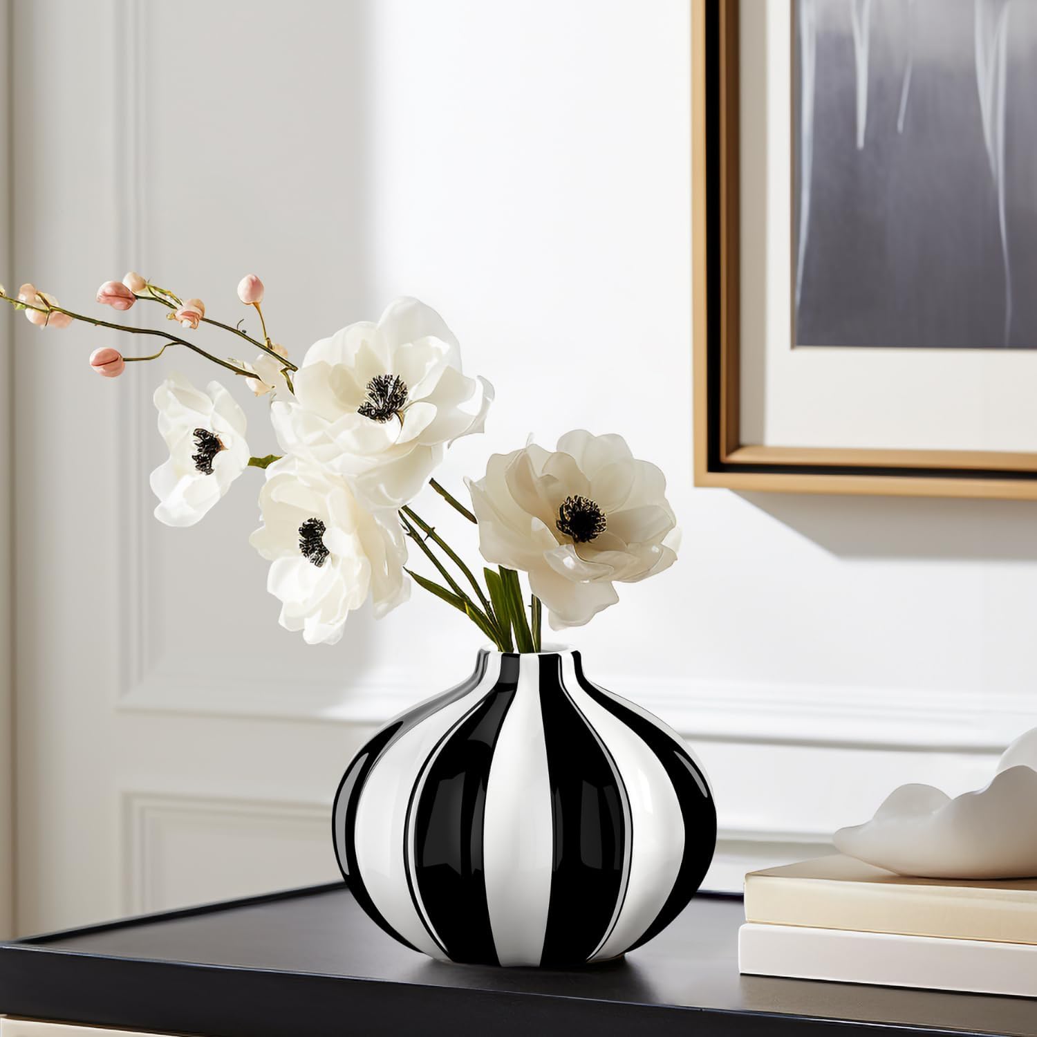Ceramic and White Striped Vase / 5.5 Inch / Black