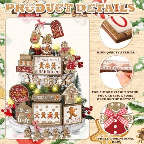 Shellwei 24 Pcs Christmas Tiered Tray Decor Set Wood Rustic Gingerbread Christmas Decoration Winter Farmhouse Decor Xmas Trees Gnome Elk Snowflake Signs for Table Shelf Home Centerpiece (Cute)