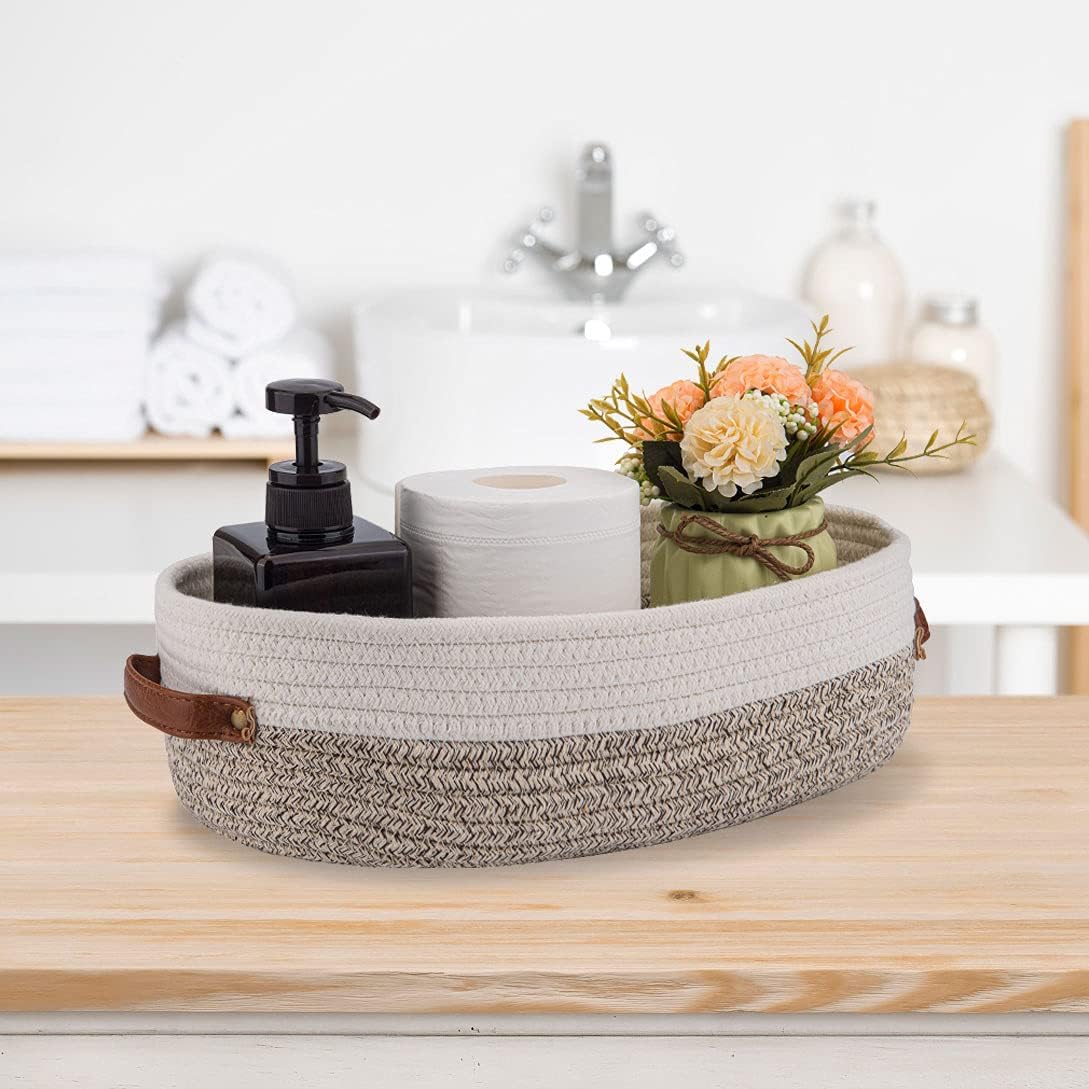 Farmhouse Home Decor Organizing Basket / Apricot Stitching White