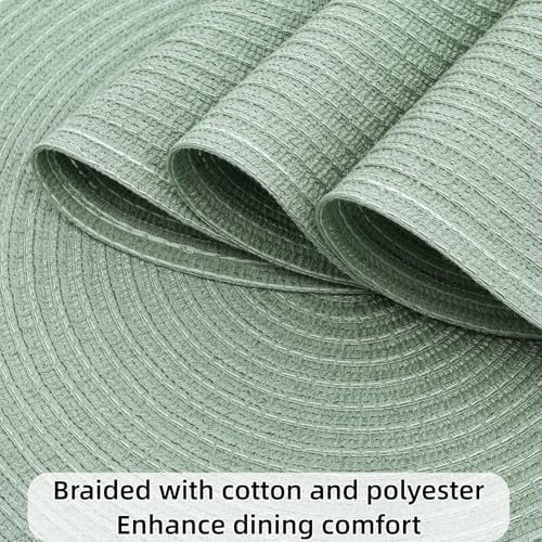 SHACOS Round Placemats Set of 6 Washable 15 inch Cotton Polyester Table Mats Woven Braided Place Mats for Dining Table, Sage Green