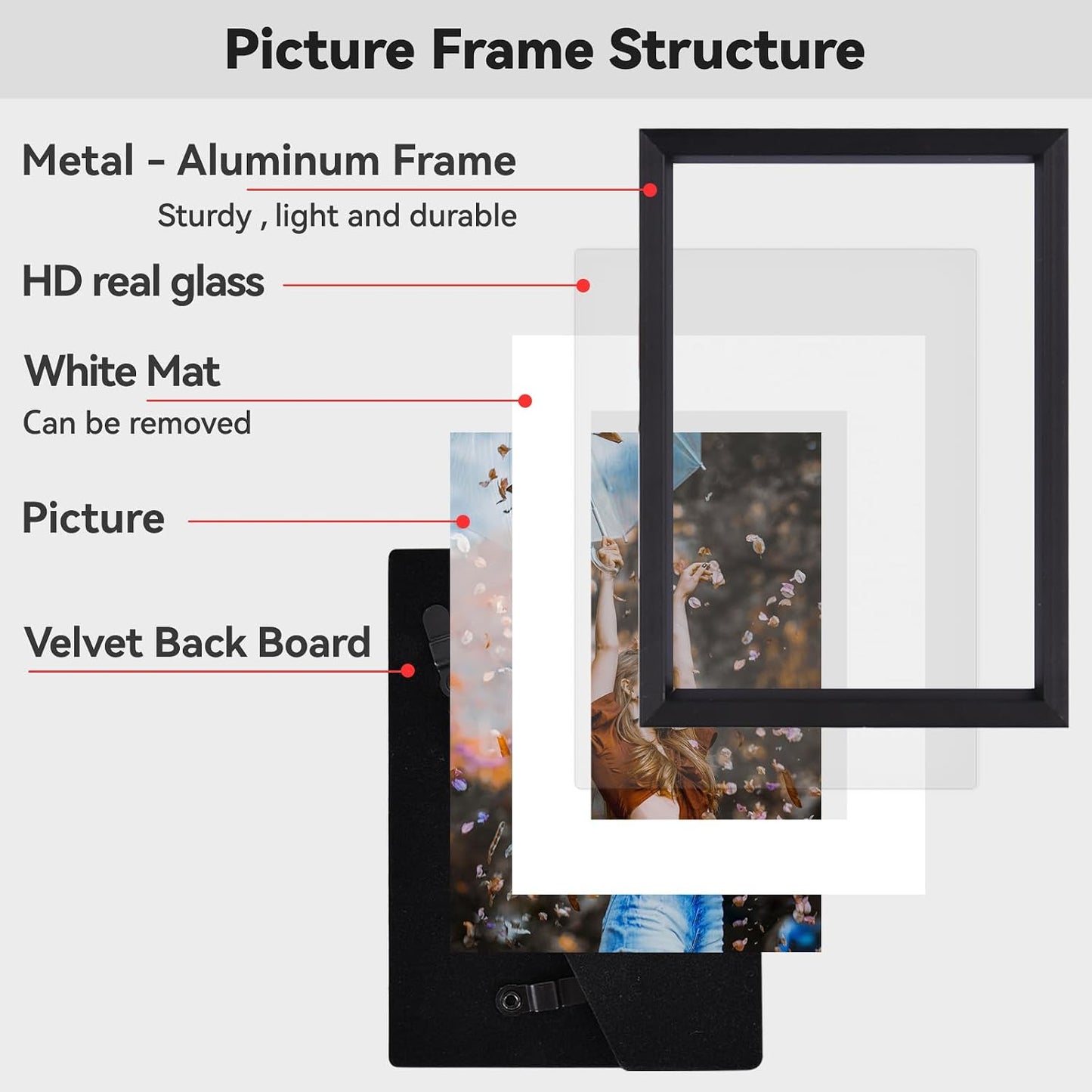 BKABOT 3x5 Black Aluminum Photo frames 3 Pack HD Glass Mat 2x3 Wall Table | Brushed aluminum Picture frames,removable