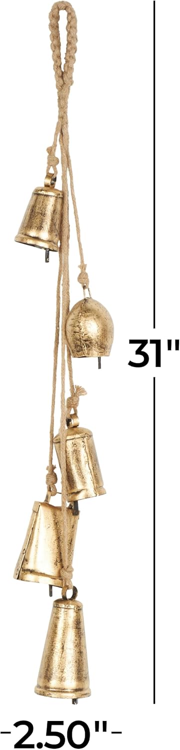 Deco 79 Golden Bell Cluster | Indoor Tibetan Inspired Cascading Meditation Bell With 5 Bells On Jute Hanging Rope