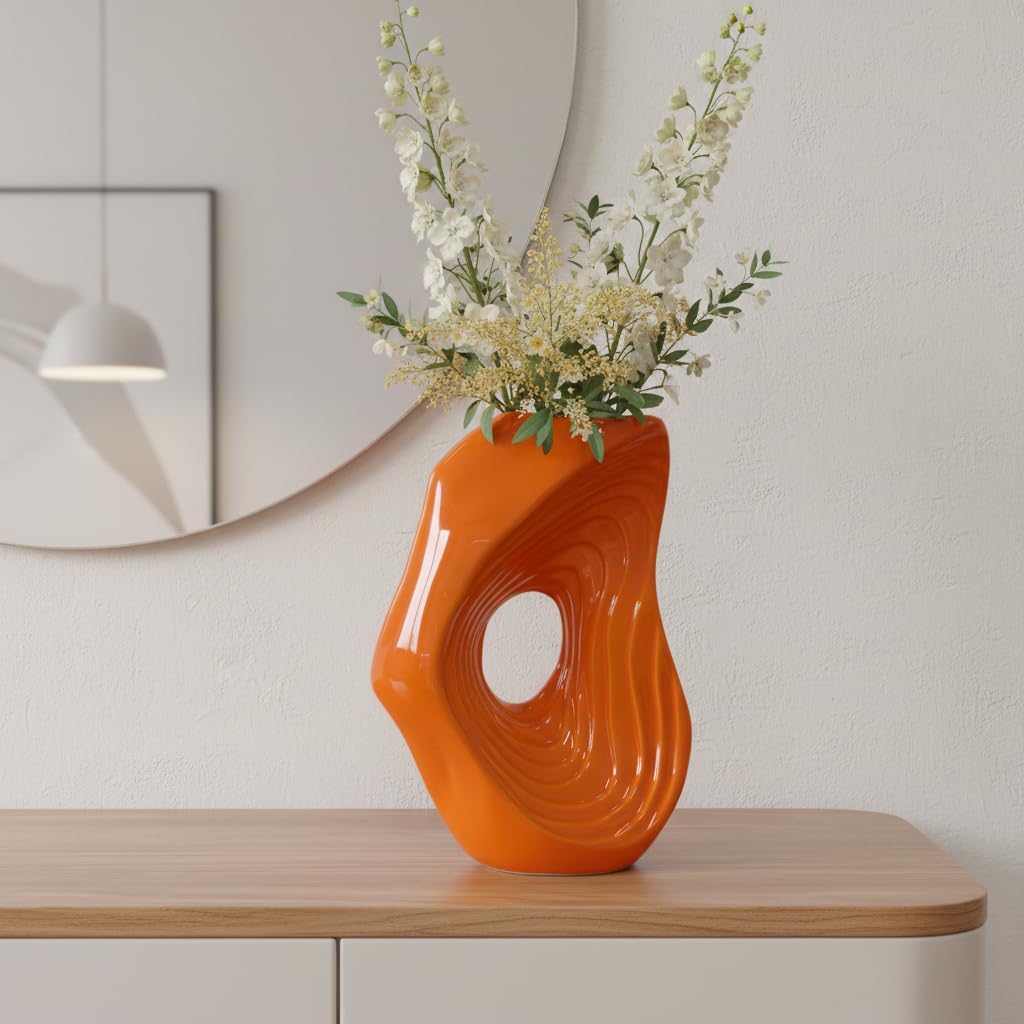 Ceramic Vase for Pampas Grass / Orange / 11 Inch