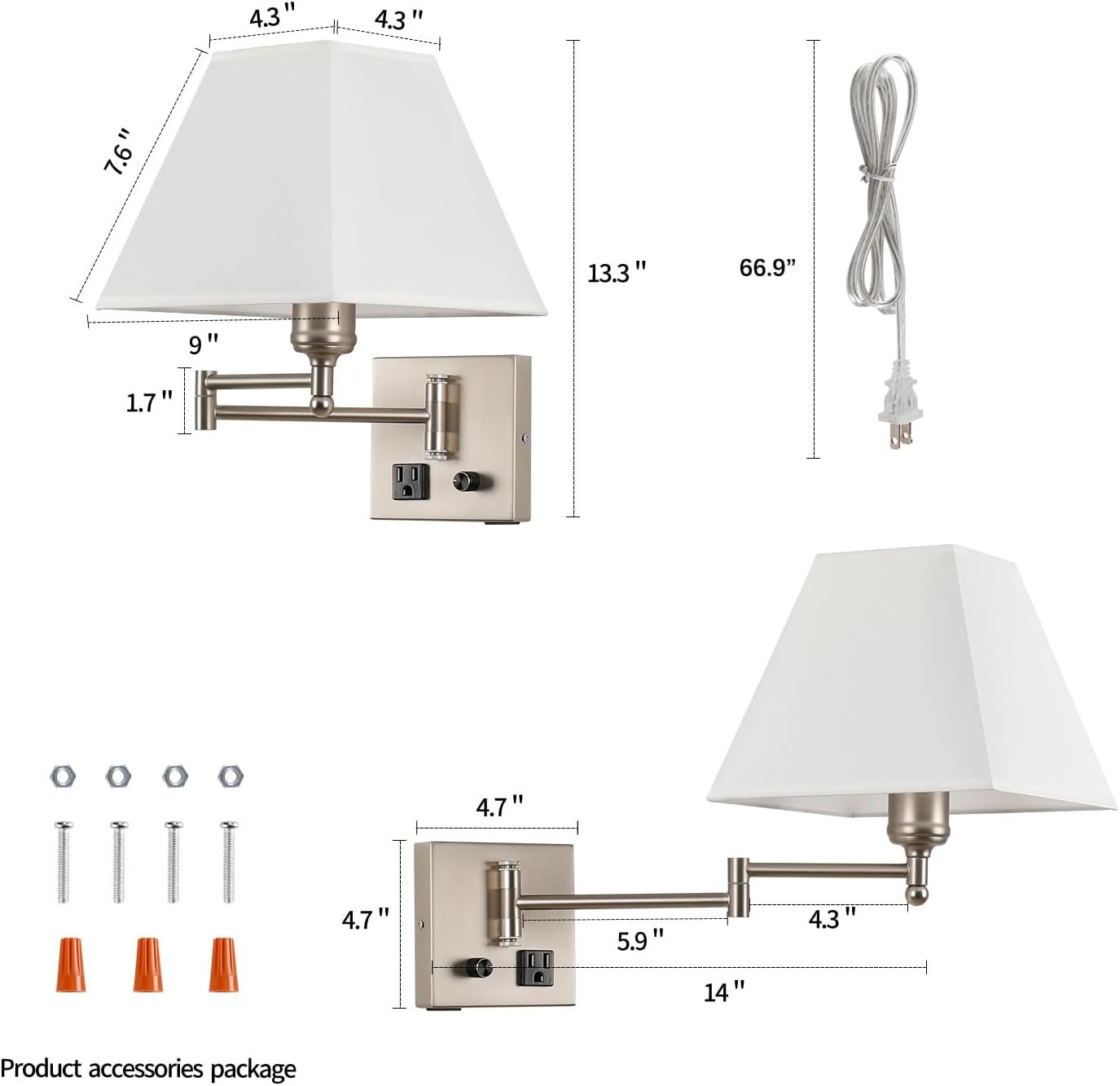 Plug in Wall Light,Swing Arm Wall Sconces with USB Port and Outlet,Wall Lamp with White Fabric Shade Dimmable Switch