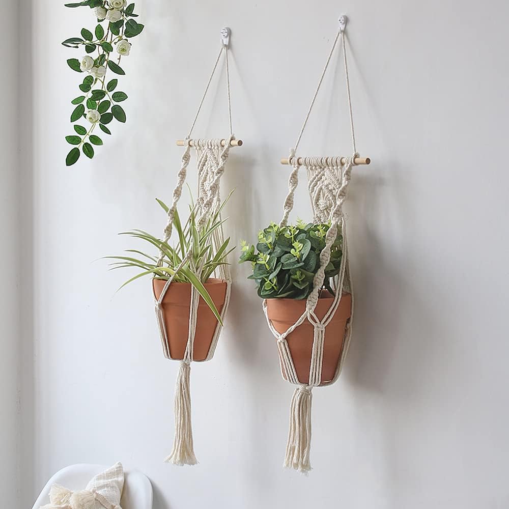 Boho Macrame Plant Hangers / White Wood Hanger / Set of 2