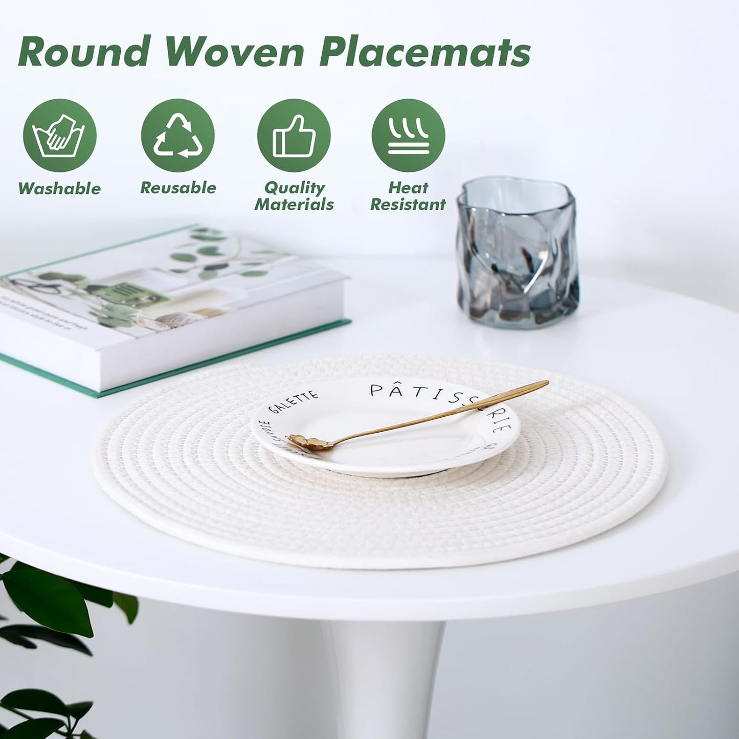 Round Woven Placemats Set of 8 Heat Resistant Placemats 13.5 Inches Farmhouse Cotton Rope Place Mats for Dining Tables