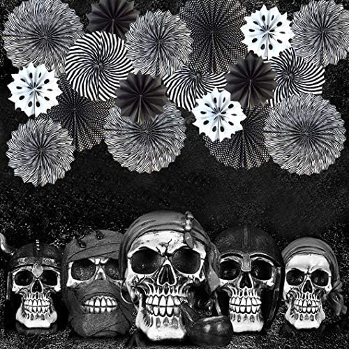 18pcs Party Hanging Paper Fans Set Black White Round Paper Fans Decorative Pattern Folding Fan Halloween Hanging Garlands for Halloween Birthday Wedding Graduation Events Accessories