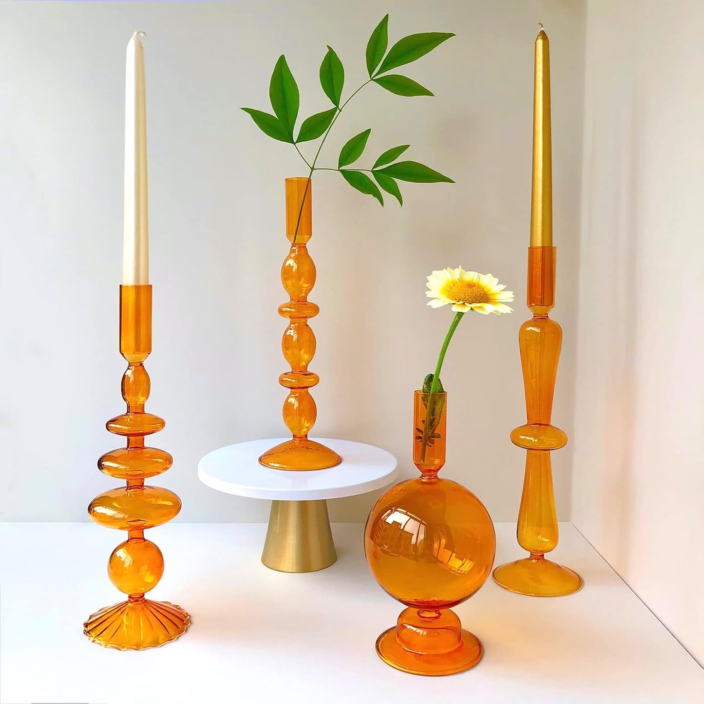 Candle Stick Candle Holder, Glass Candle Holders for Table Centerpiece, Modern Style Amber Candle Holder Mixed 4pcs