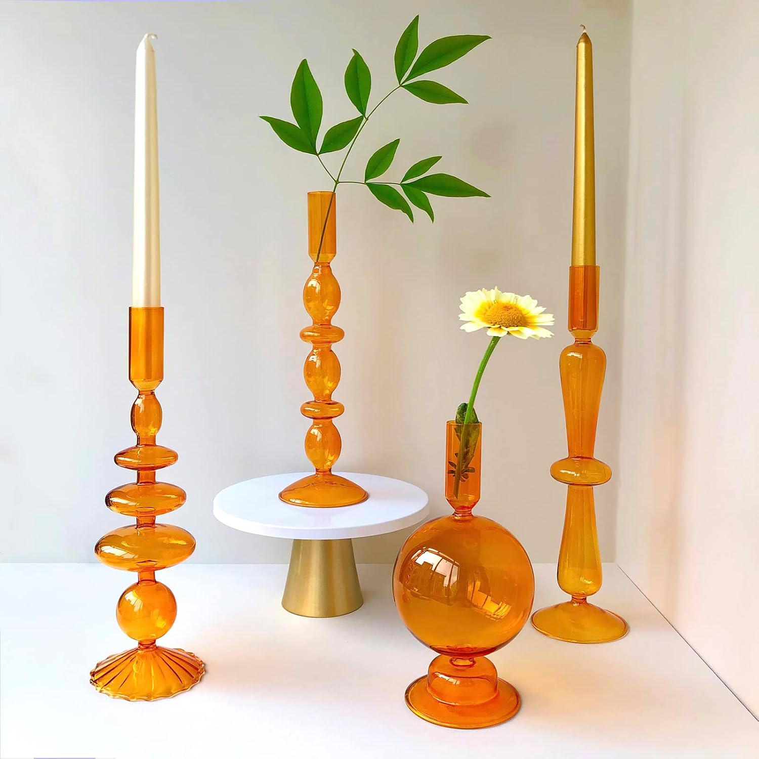 Candle Stick Candle Holder, Glass Candle Holders for Table Centerpiece, Modern Style Amber Candle Holder Mixed 4pcs