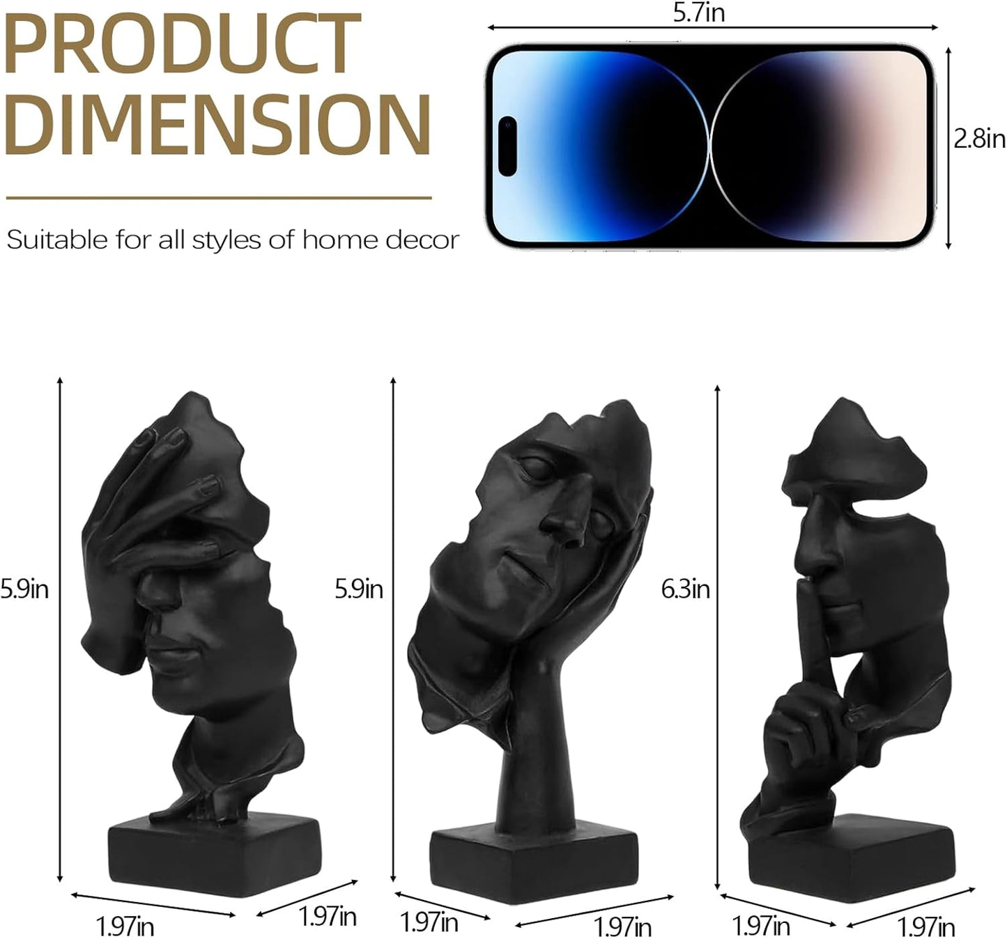 Thinker Statue / Silence is Gold Abstract Art Figurine / Small / Black / Set of 3