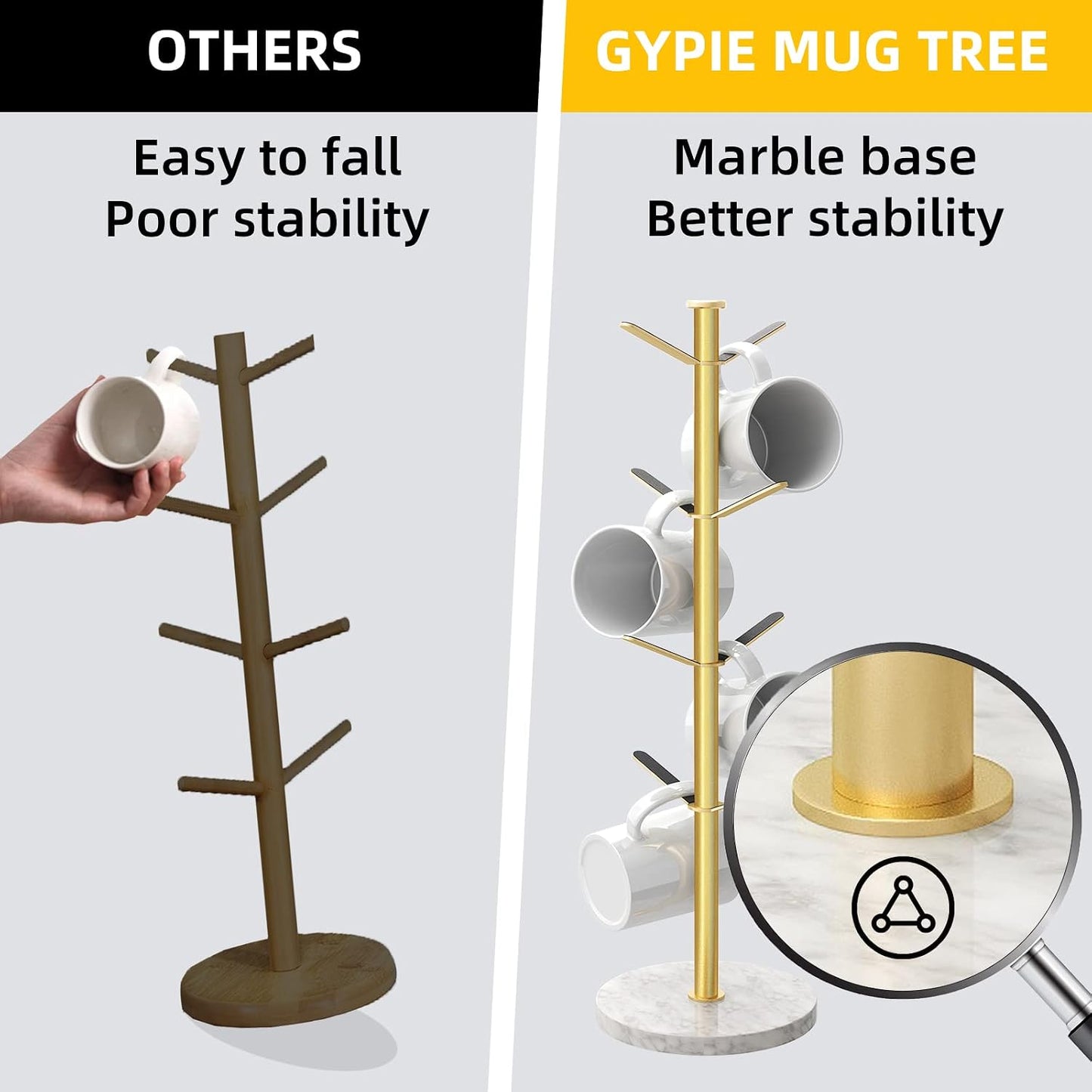Gypie Gold Mug Holder Tree with Marble Base, 8 Hooks Standard Coffee Cups | Mug Holder Stand, Small Mug Rack for