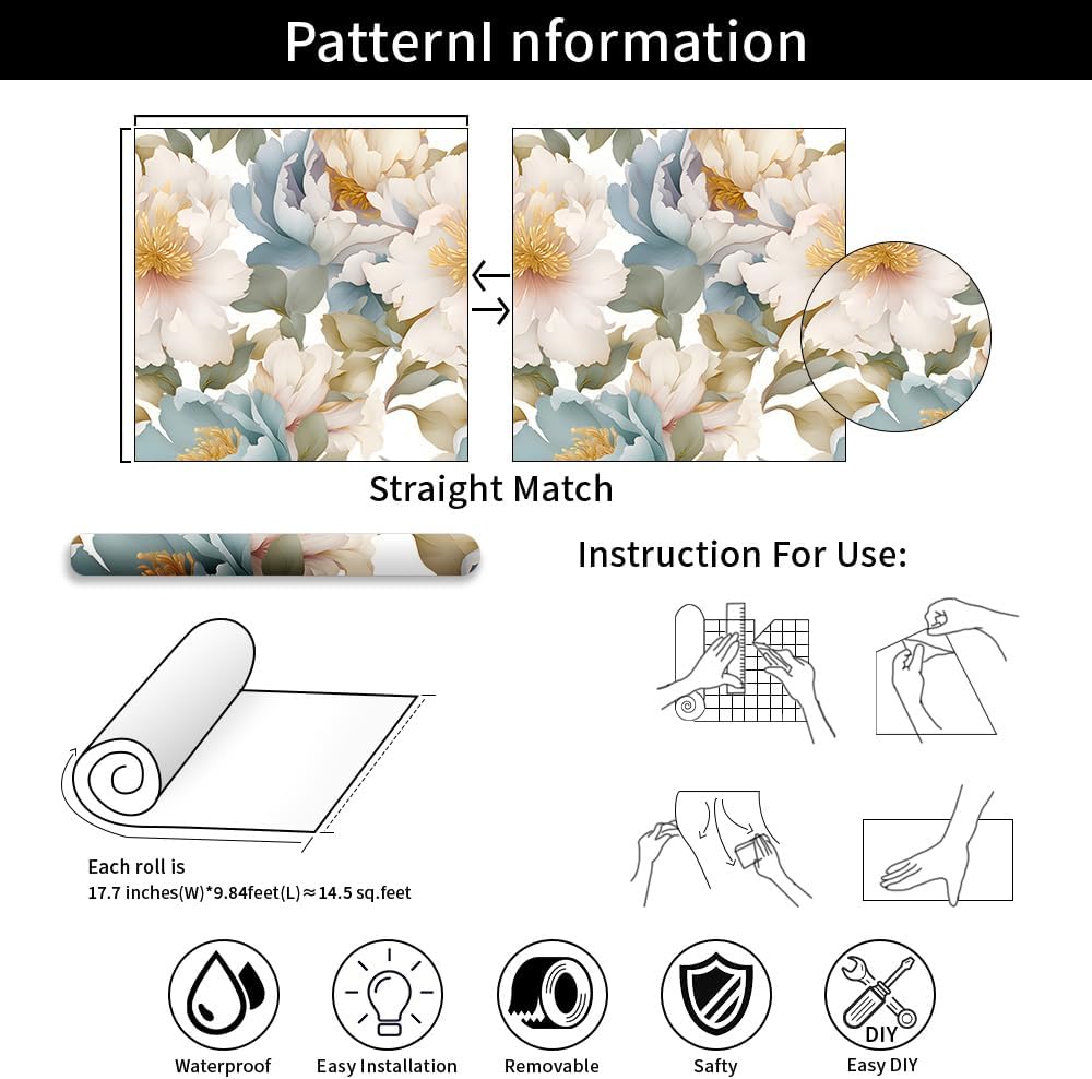 Peony Vintage Floral Removable Wallpaper / 17.7 x 236.2