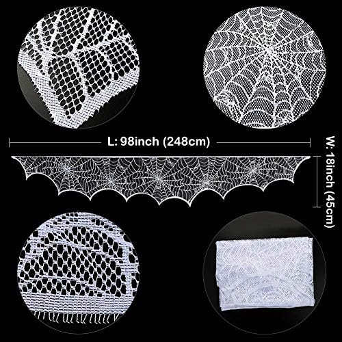 AerWo Halloween Fireplace Mantel Scarf, Halloween Decorations White Lace Spiderweb Fireplace Cover Festive Party Supplies,18 x 98 inch