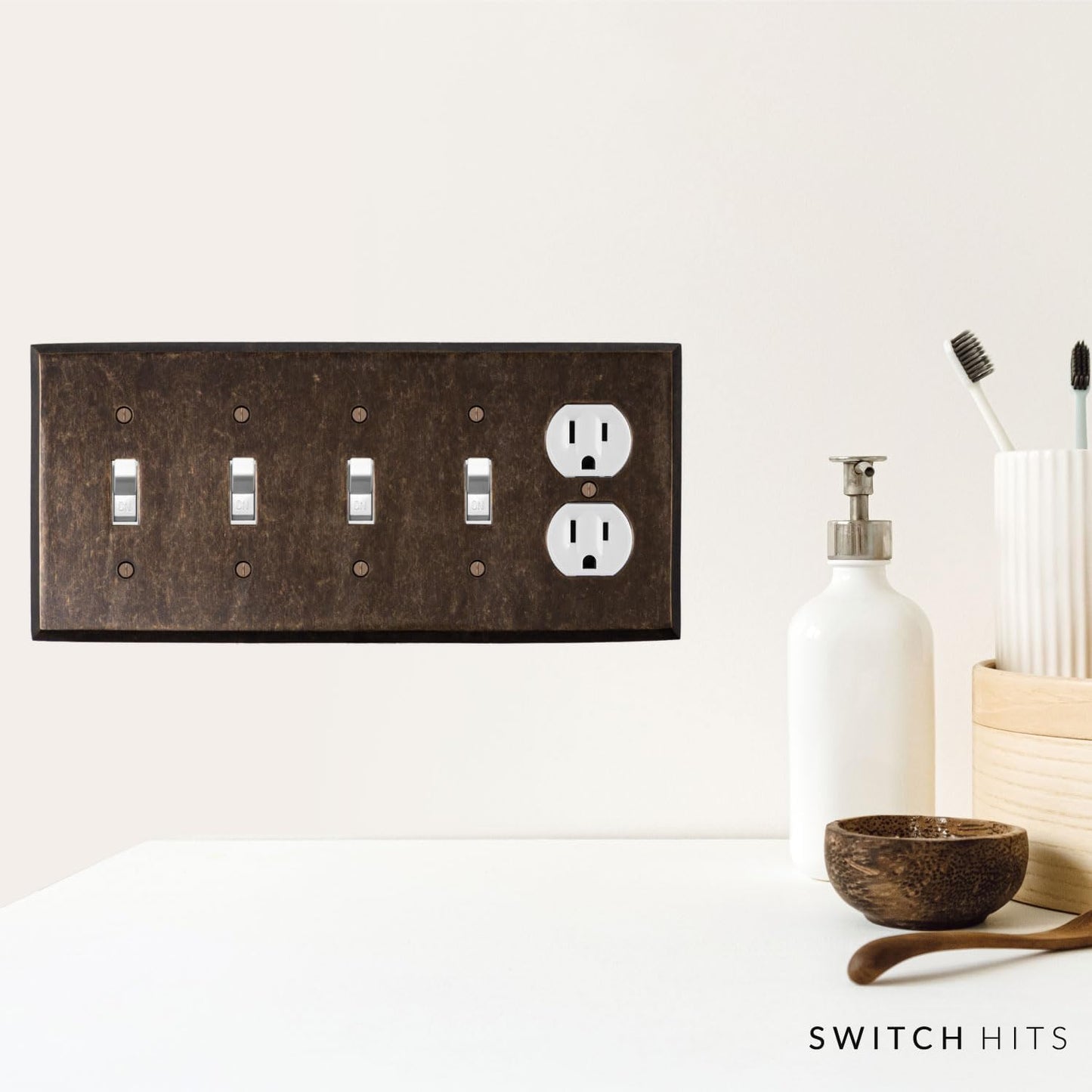 Quad Light Switch Plate Outlet Cover GFCI Wall Plate | 4 Toggle - 1 Duplex Mottled Antique Brass Electrical Faceplate