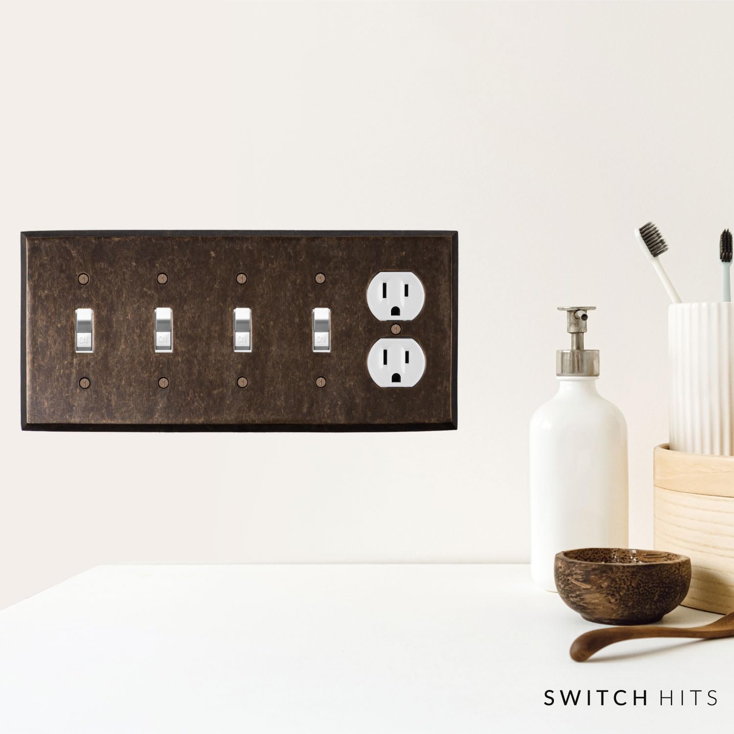 Quad Light Switch Plate Outlet Cover GFCI Wall Plate | 4 Toggle - 1 Duplex Mottled Antique Brass Electrical Faceplate