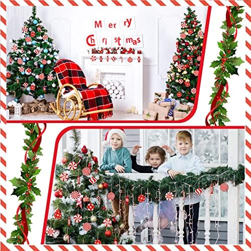 Qunclay 36 Pcs Halloween Wood Hanging Ornaments Red and White Peppermint