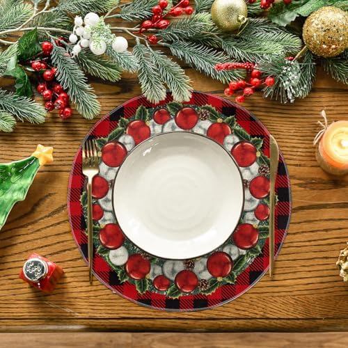 Artoid Mode Holly Balls Ornament Buffalo Plaid Merry Christmas Round Placemats Set of 4, 14 Inch Winter Round Table Mats for Dining Decoration