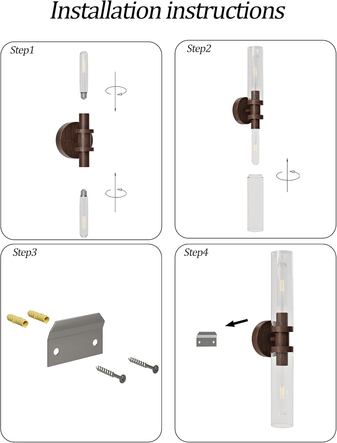 Rayogale Walnut Wireless Battery Operated Wall Sconces with Remote Control | Glass Rechargeable Wall Lights Set of 2