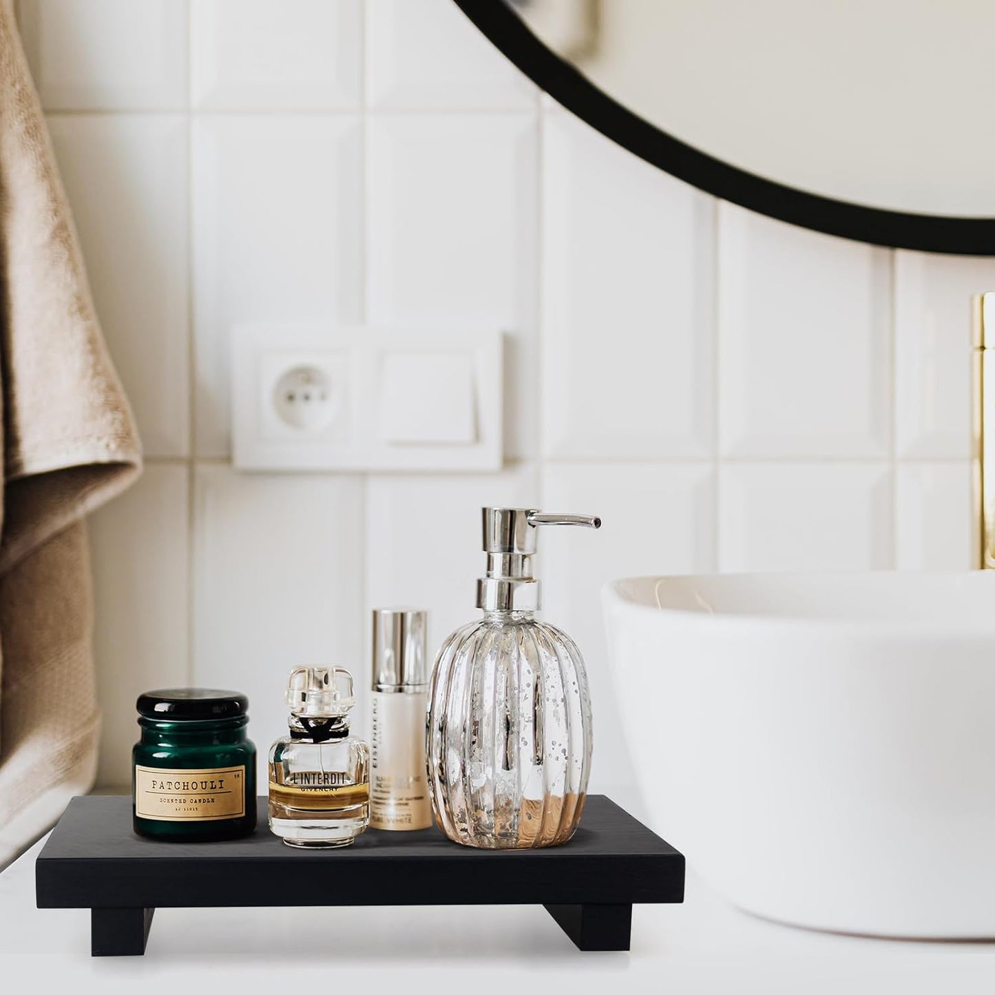 Bathroom Vanity Counter Tray Decor Farmhouse Wood Risers Kitchen Soap Sink / Black / 10 x 6 x 1.6