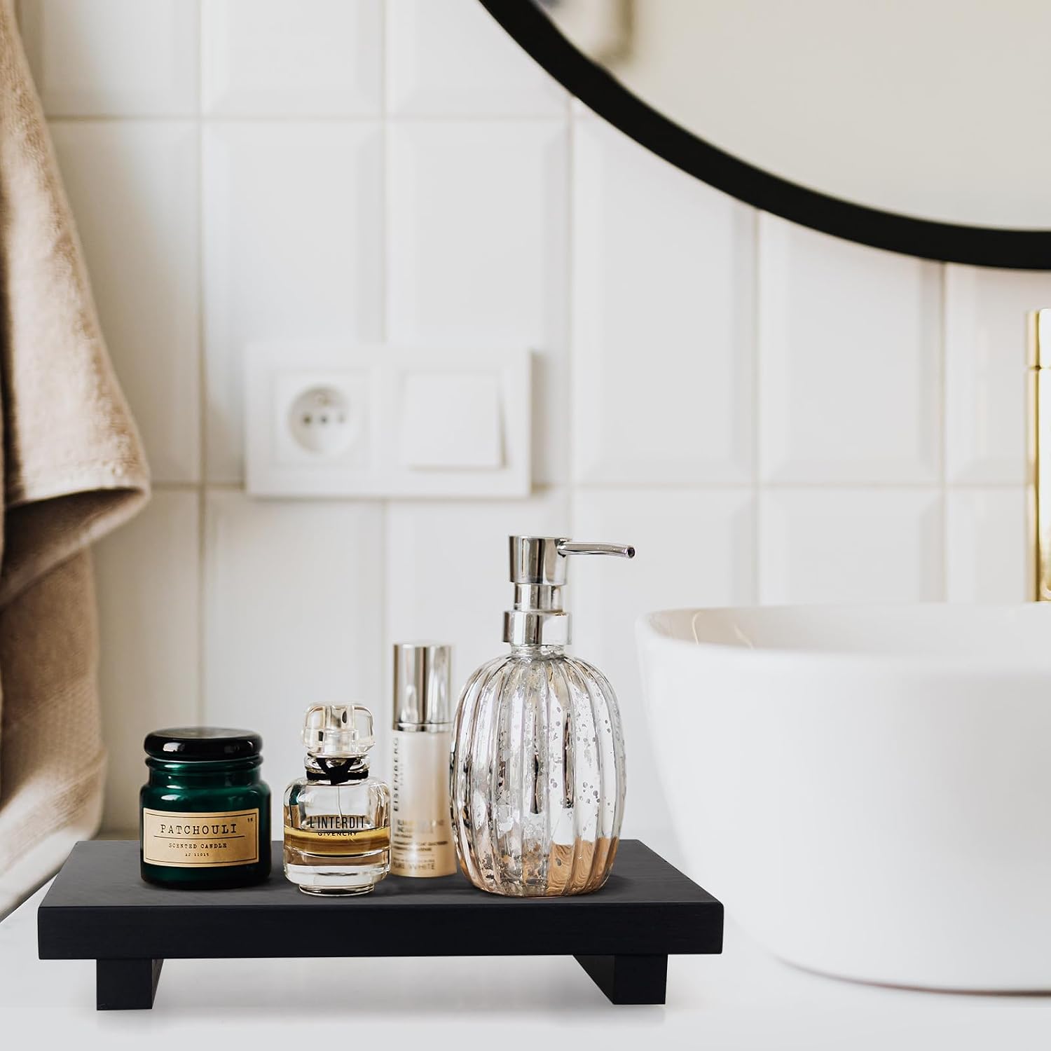 Wooden Bathroom Tray Decorative Kitchen Countertop Trays Farmhouse Wood Riser / 10 x 6 x 1.6 / Black