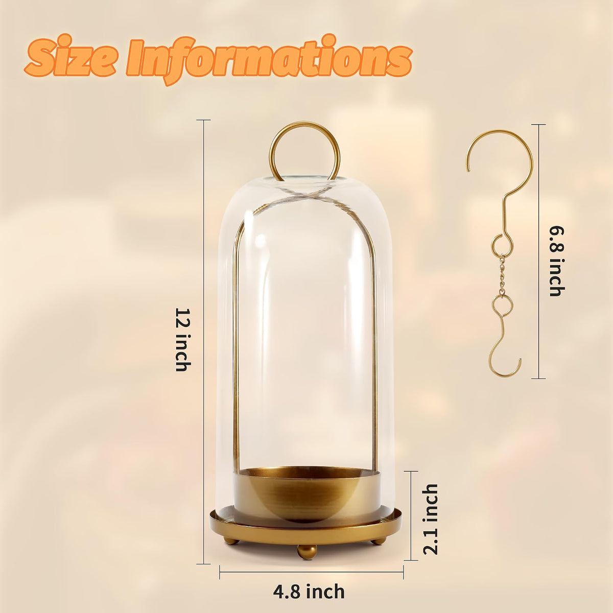 Hurricane Glass Candle Holder, Large Brass Lanterns Hurricane Candlestick Holder for Pillar Candles Vintage, Gold Metal