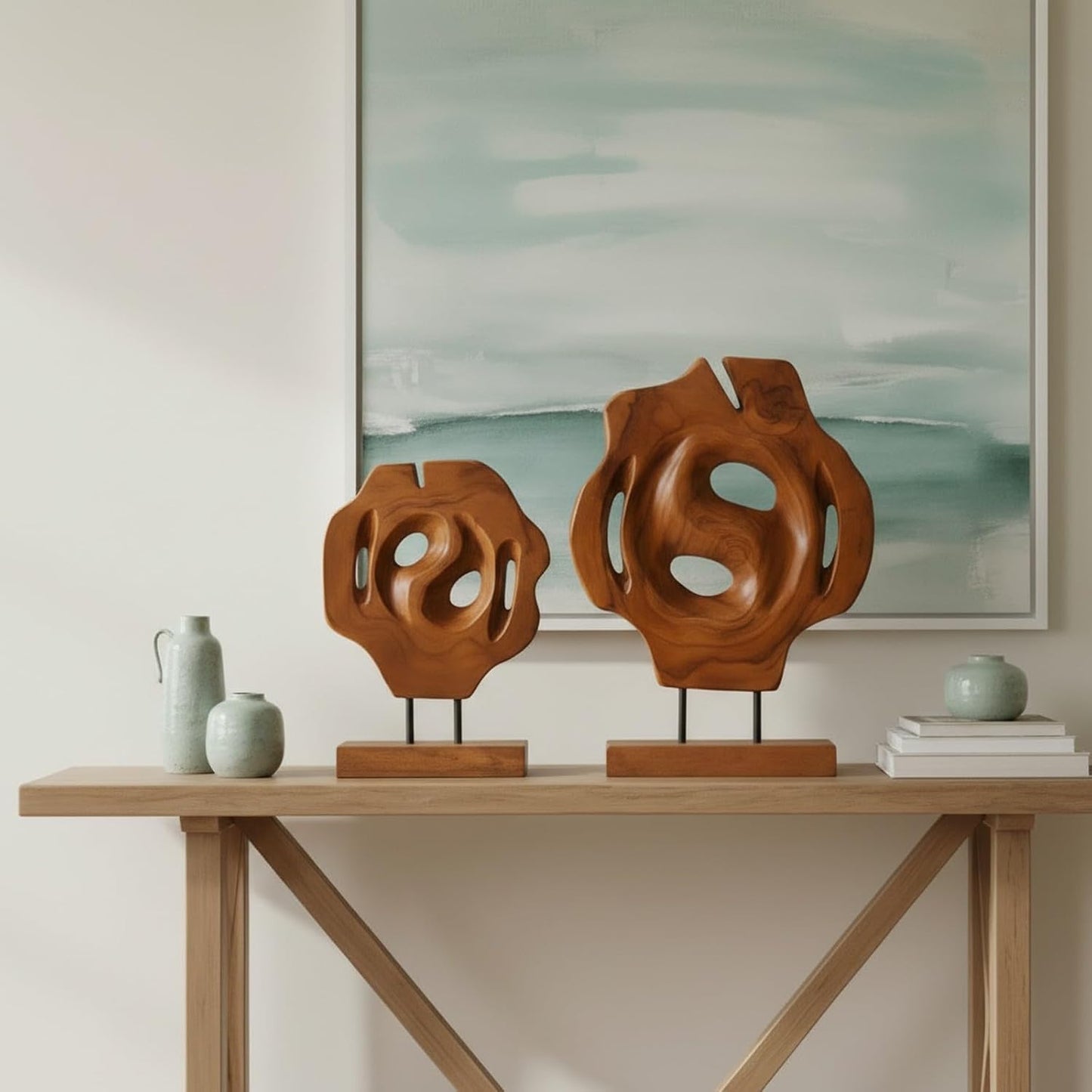 Geometric Teak Wood Sculptures on Metal Stand / Natural / Set of 2