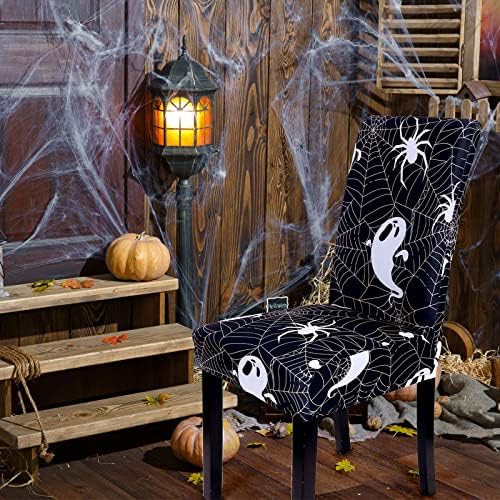 Whaline 4Pcs Halloween Chair Covers Black White Spider Web Ghost Skull Pattern Dining Chair Slipcovers Stretch Elastic Seat Covers for Halloween Party Home Kitchen Hotel Restaurant Ceremony Decor