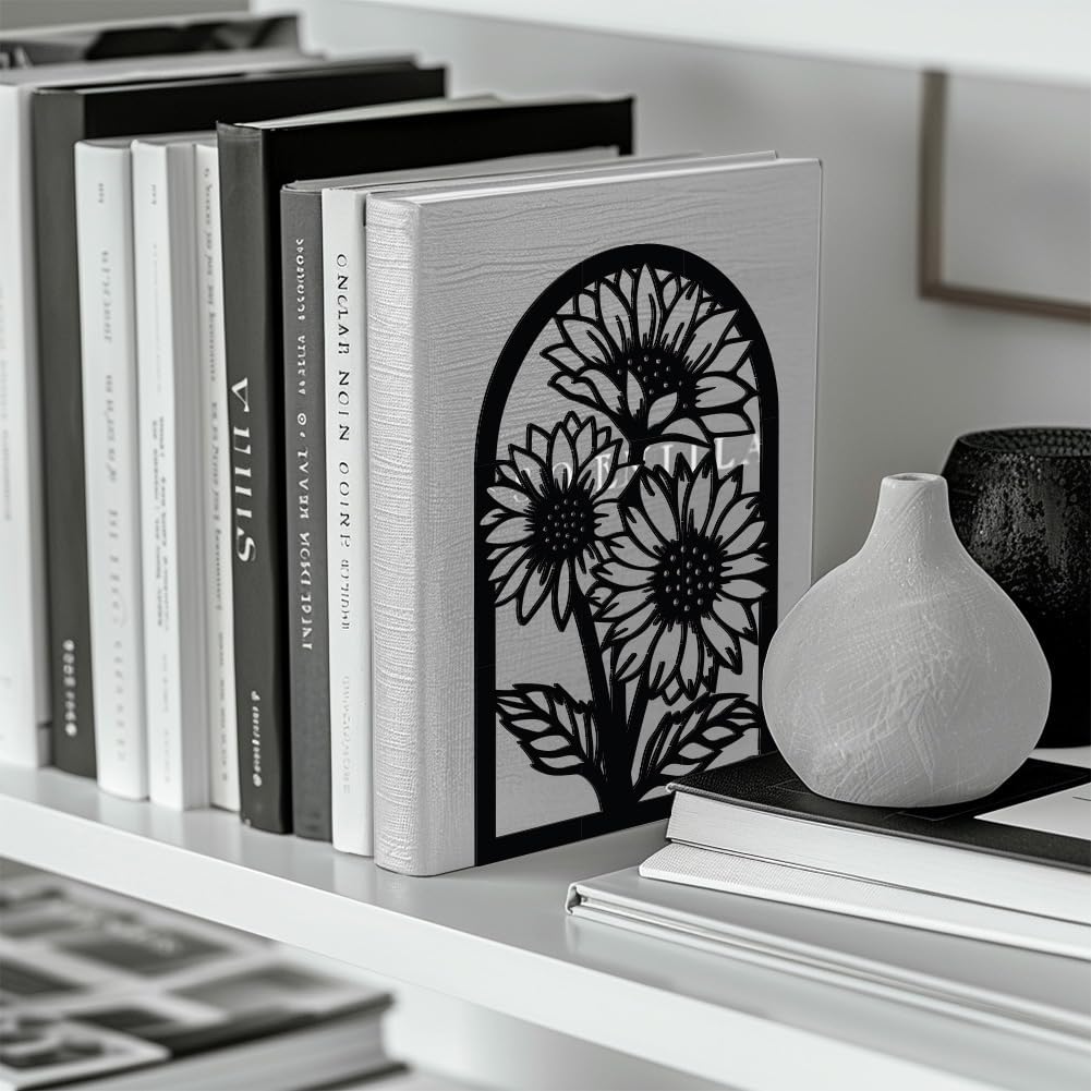 Metal Bookends / Modern Decorative Heavy Duty Study Book Support Stoppers / Sunflowers