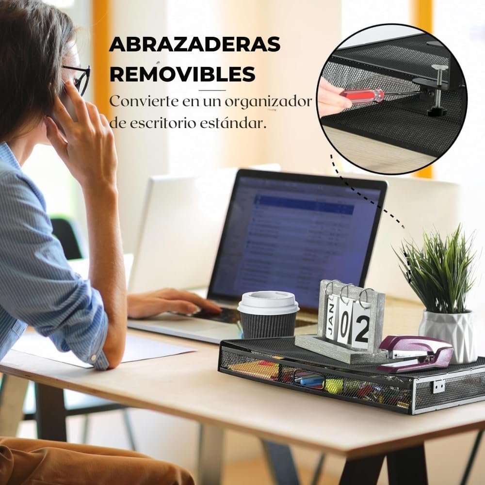 Under Desk Drawer Organizer Clamp-On, Mesh Metal Attachment, 1 Drawer Slide Out, On or Under Desk Organizer for Office