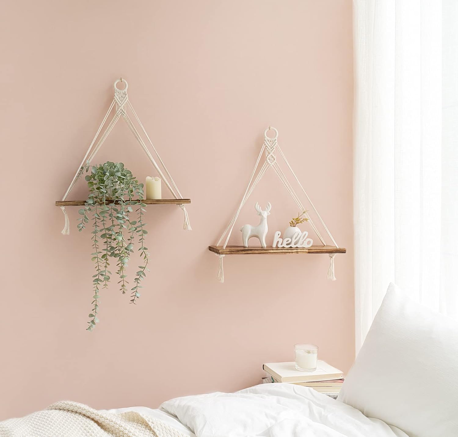 Macrame Hanging Shelves Boho Wall Decor Rustic Wood Floating Storage Shelf / White / Set of 2
