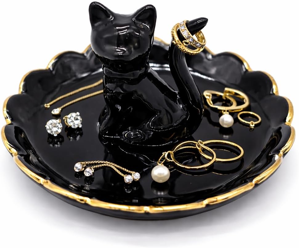 Cat Ring Holder Trinket Tray Ceramic Jewelry Dish Porcelain Ring Organizer / Bowtie Cat Black