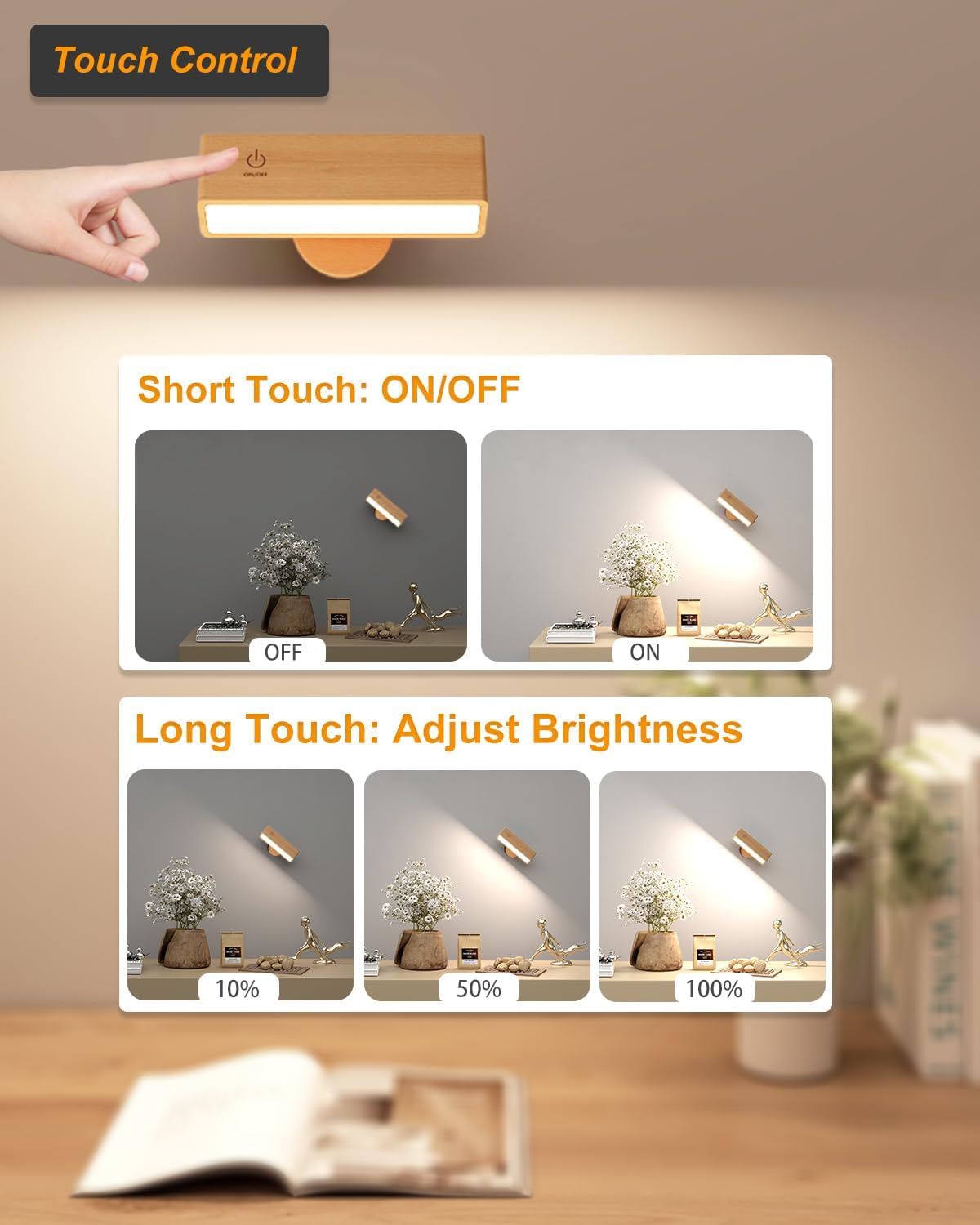 DetarZinLED Wall Lights Battery Operated Wooden,Magnetic Wall Sconces Rechargeable,Adhesive Wall Lights for