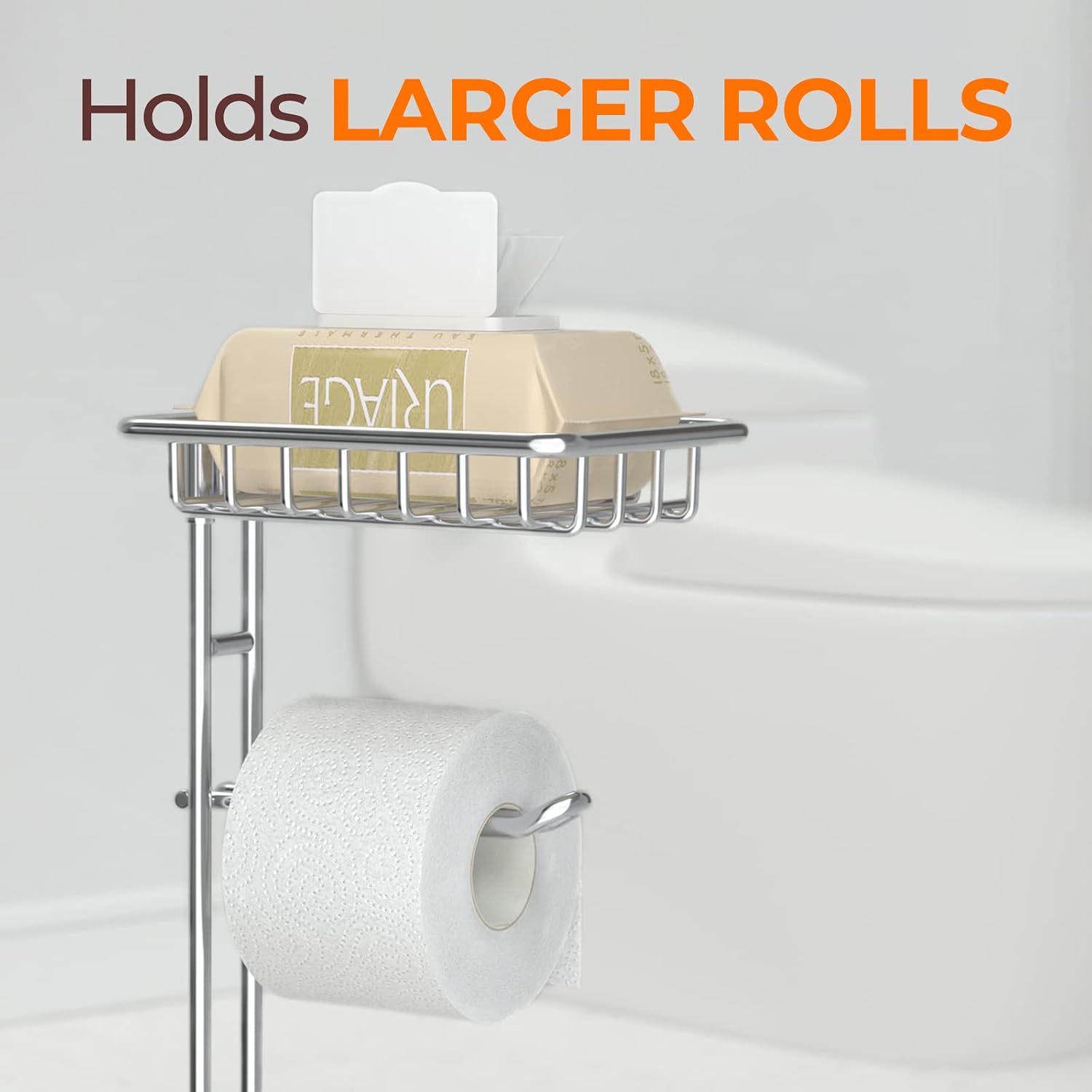 TreeLen Toilet Paper Holder Stand Toilet Tissue Roll Holder with Shelf for Bathroom Storage Holds Phone/ Wipe/ Mega