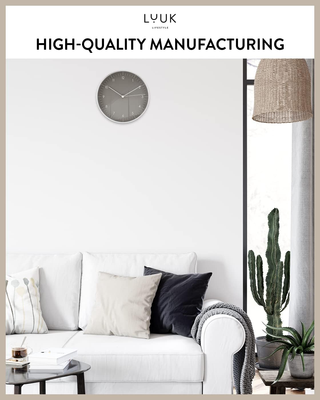 Modern Silent Quartz Wall Clock, 10in, Dark Grey & Silver | Designed in Germany, Simple & Elegant, Non-ticking, Analog