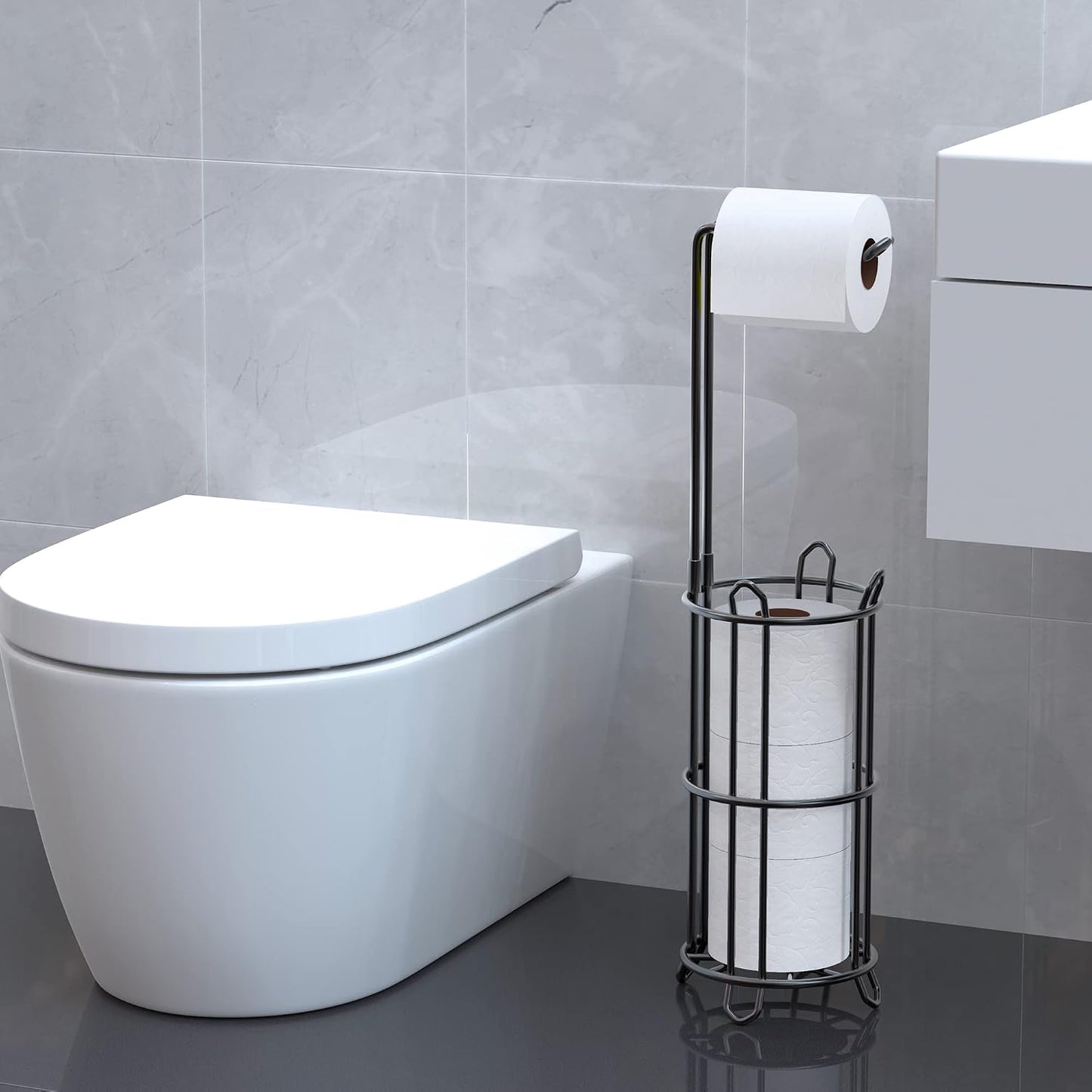 Meangood Toilet Paper Holder Stand and Tissue Paper Roll Dispenser for 4 Mega Rolls, Bathroom Free Standing Tissue Roll