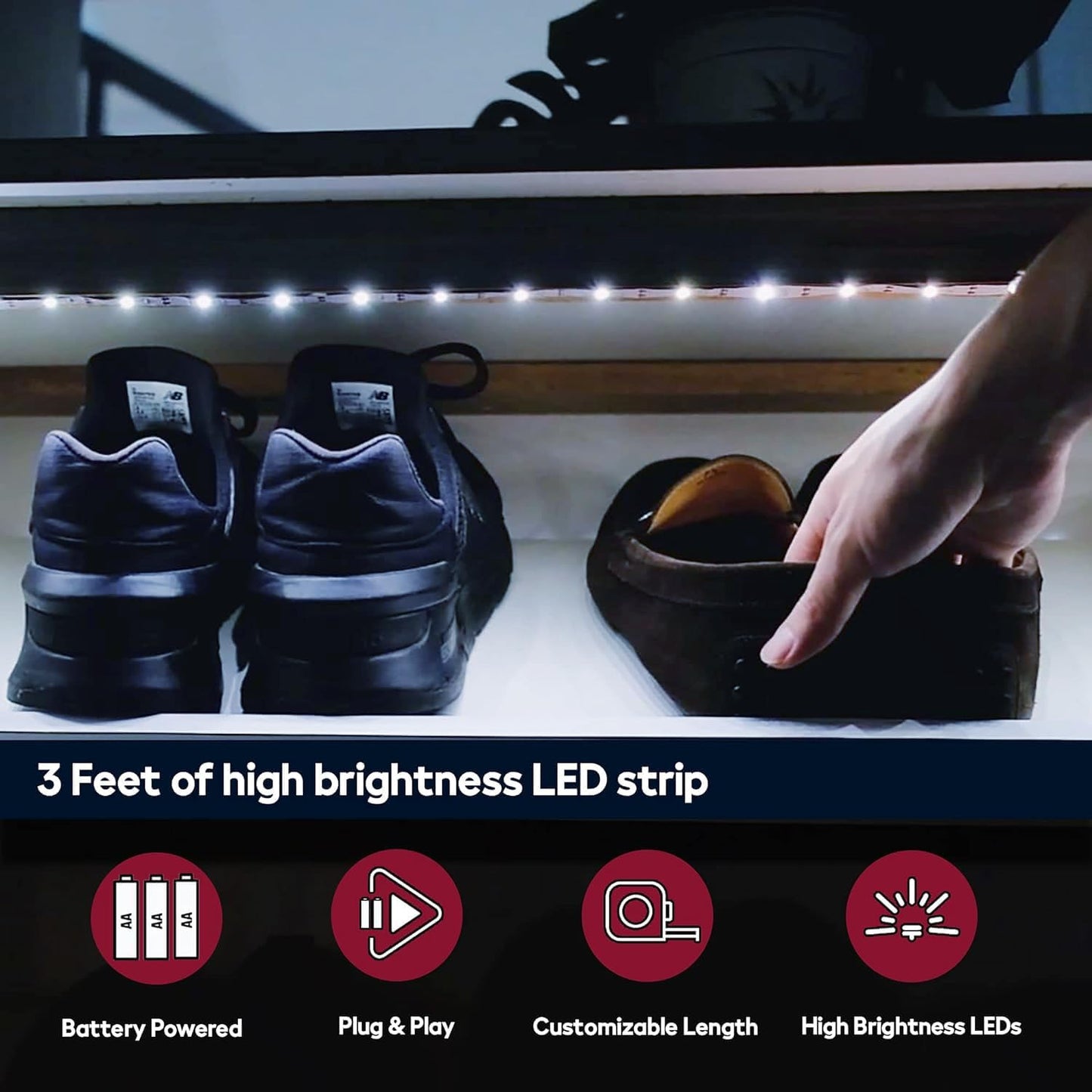 BestLuz Battery Powered LED Strip Lights, 3 Pack 40 Inch Cordless White LED Light Strips for Shelves and Under Cabinet