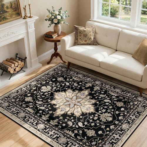 RELEANY Washable Area Rug, 4'x6', Black/Neutral