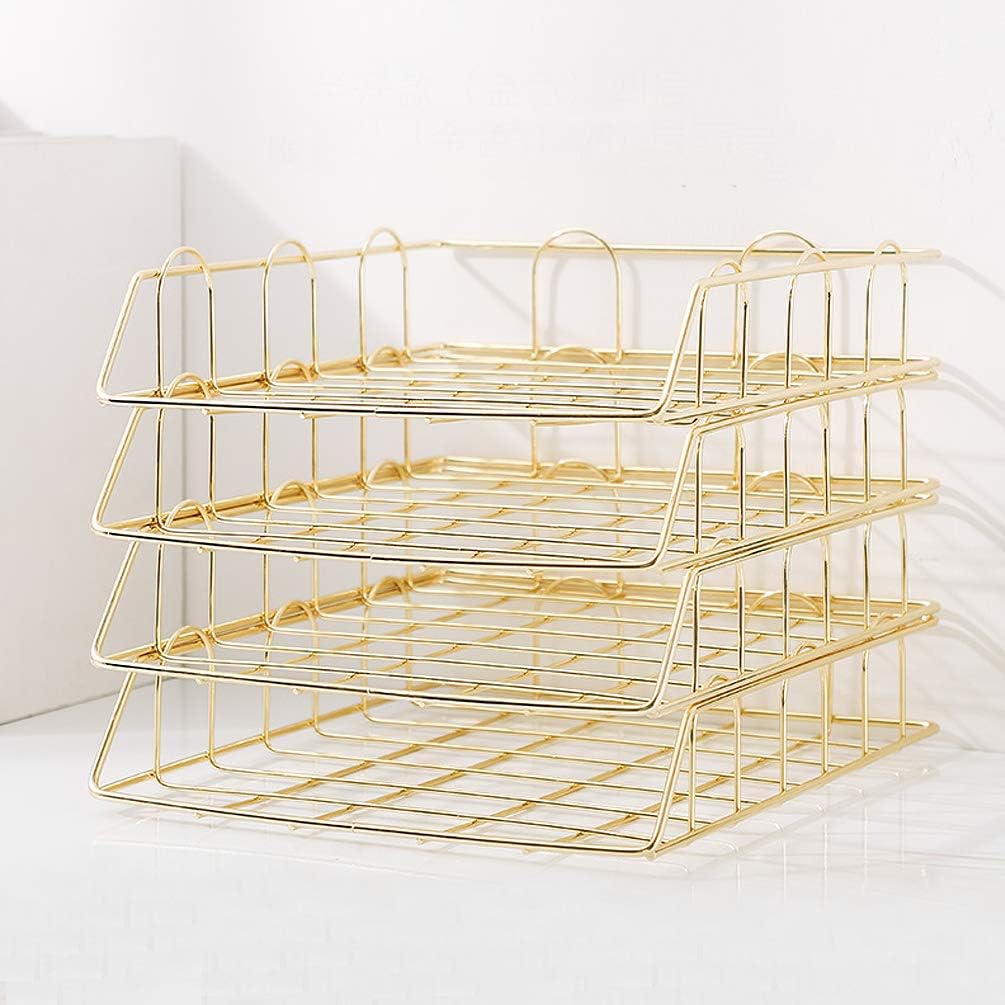 Gold 4-Tier Stackable Paper Tray Desk Organizer | Workspace Decorative Stacking Rack Supplies Holder, Metal Letter