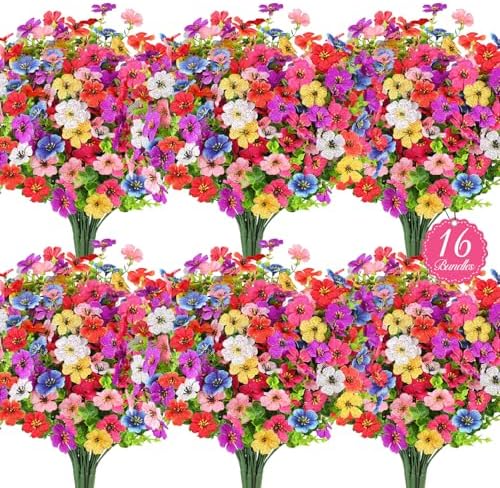 16PCS UV Resistant Artificial Flowers for Outdoors, Mix 8 Colors