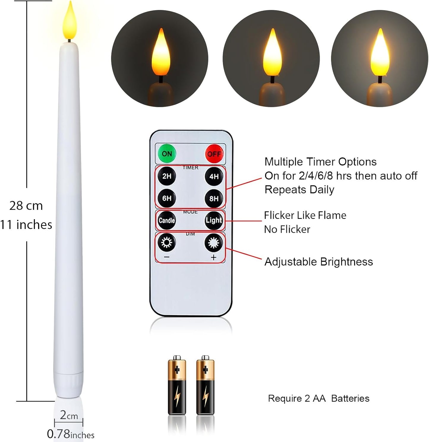 Homemory 11 inches White LED Taper Candles, 24 Pcs Flameless Taper Candles with Remote Timer Dimmer, Plastic Battery