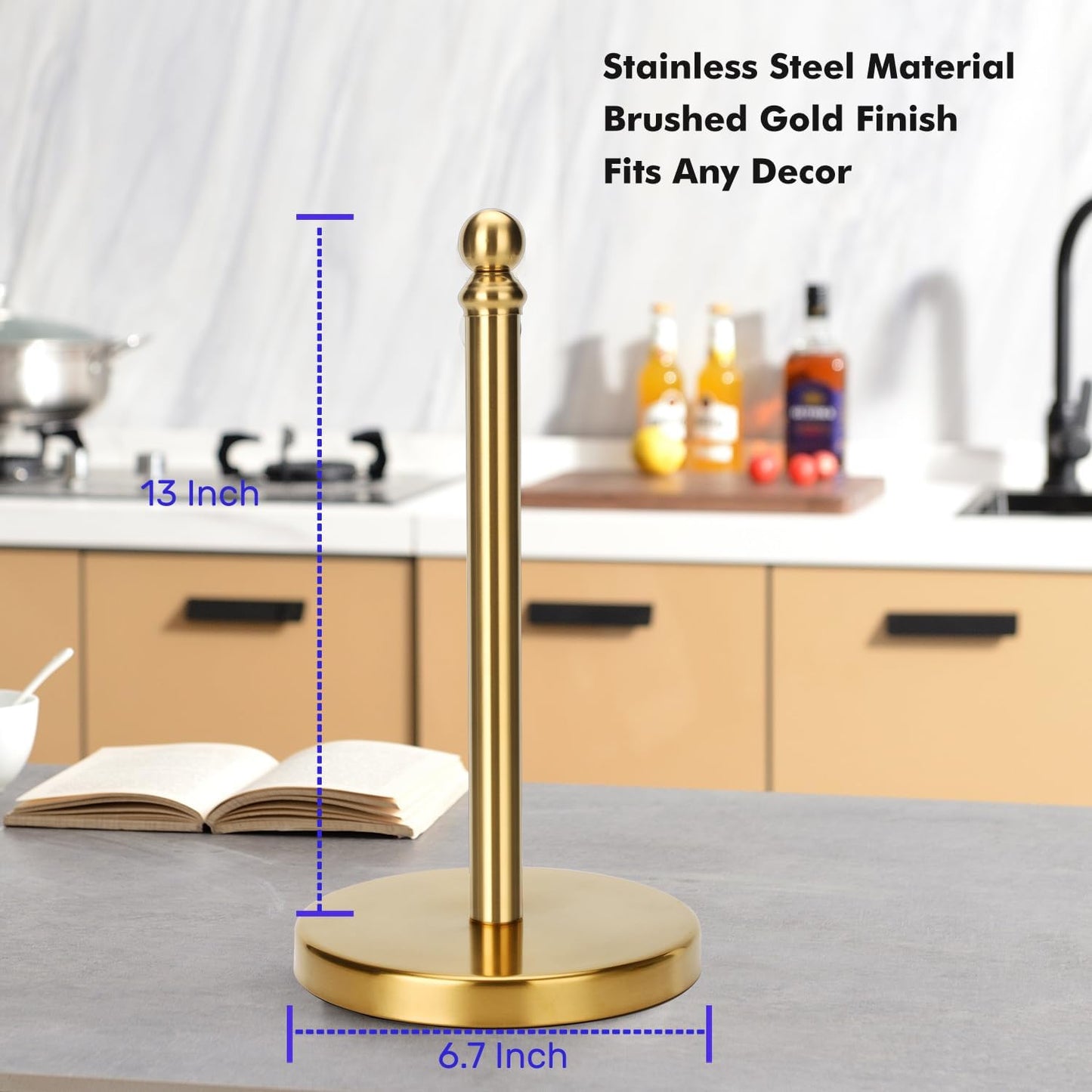 Exilon Gold Paper Towel Holder Countertop with Weighted Stainless Steel Base, One-Handed Design No Tipping Over