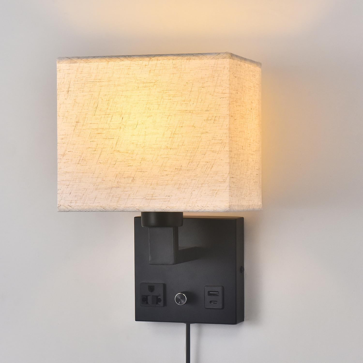 Bedside Wall Lamp for Bedroom, Plug in Wall Sconce - Dimmable Switch with AC Outlet & USB Charging Port, Fabric Shade