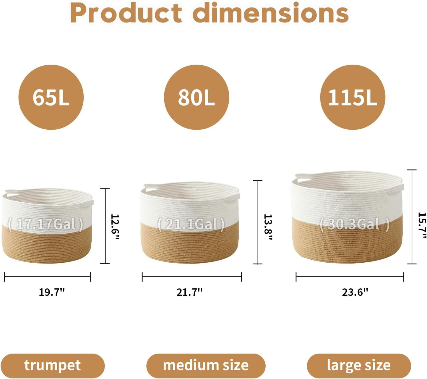 Collapsible Handle Cotton Rope Soft Woven Fabric Storage Organizer Clothes / White & Camel / 65L