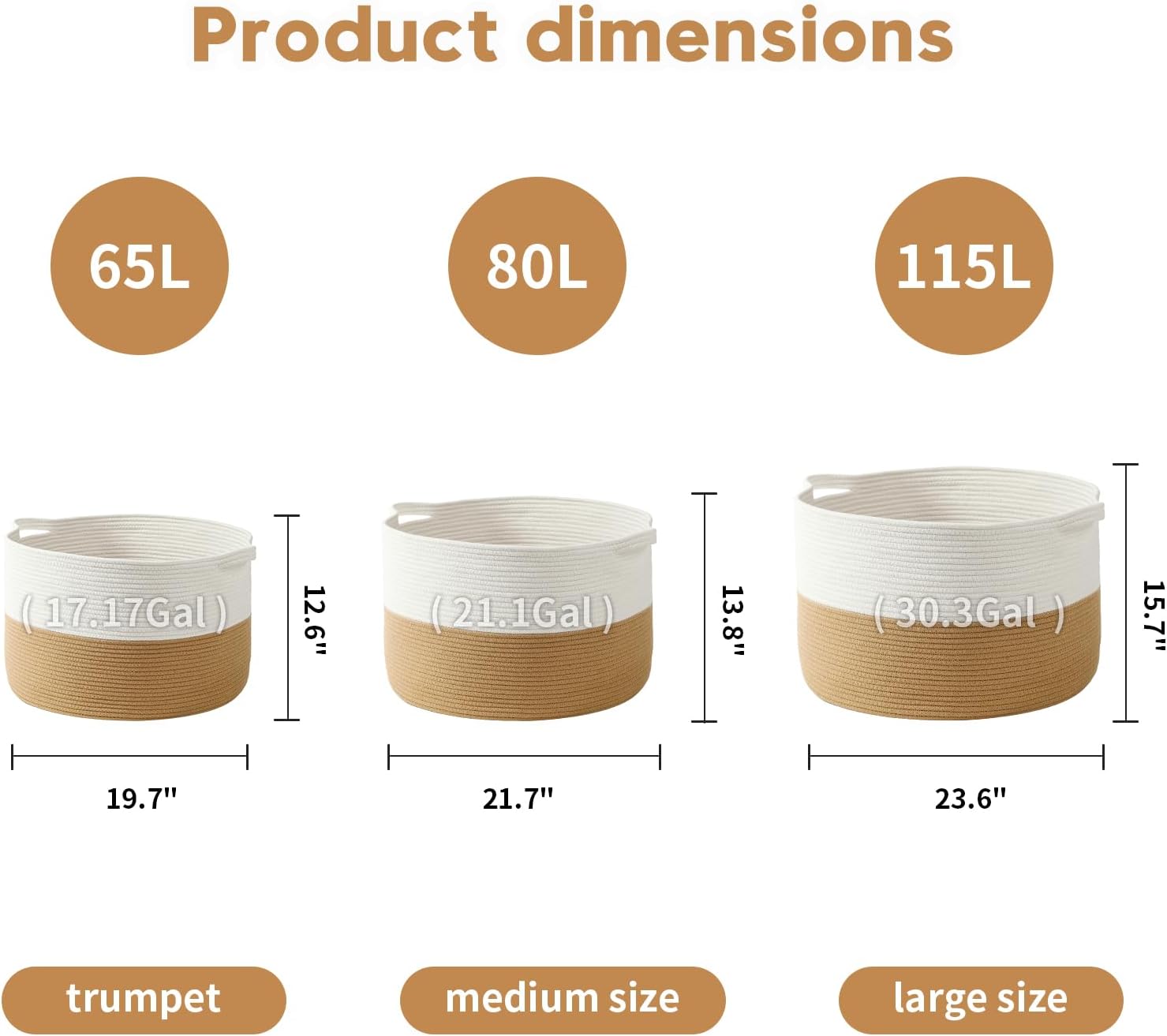 Collapsible Handle Cotton Rope Soft Woven Fabric Storage Organizer Clothes / White & Camel / 65L
