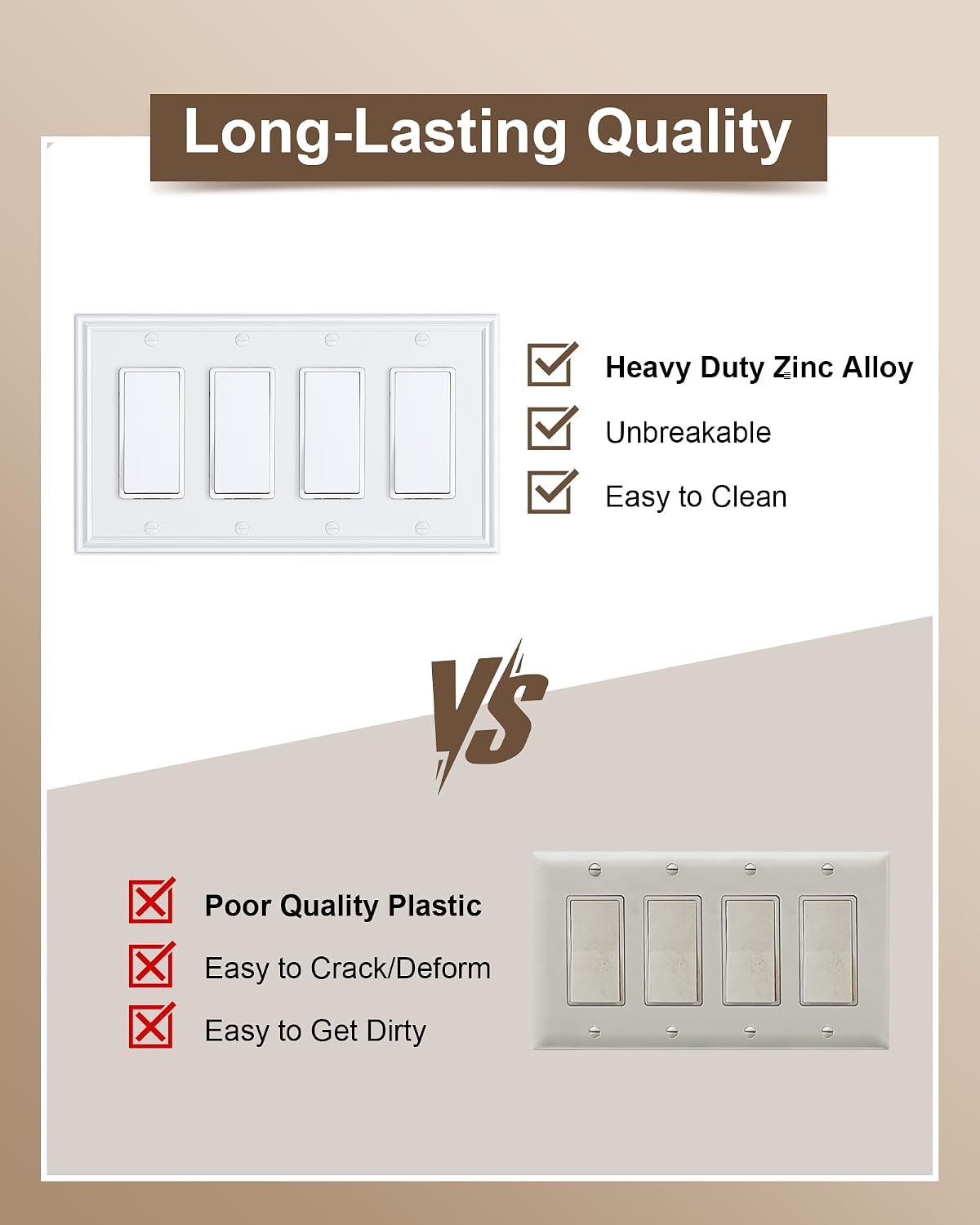 2-Pack Zinc Alloy Quad Decorator Outlet Cover Plate, Solid Wall Plates | Decorative Switch Plates and Outlet Covers, 4