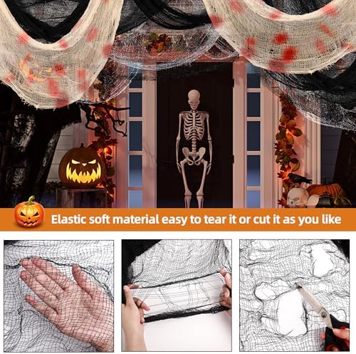 Halloween Creepy Cloth,3Pcs 30×72inch Black Spooky Scary Creepy Gauze Cloth Halloween Decorations for Party Doorways Outdoors Decoration, Black+White+red
