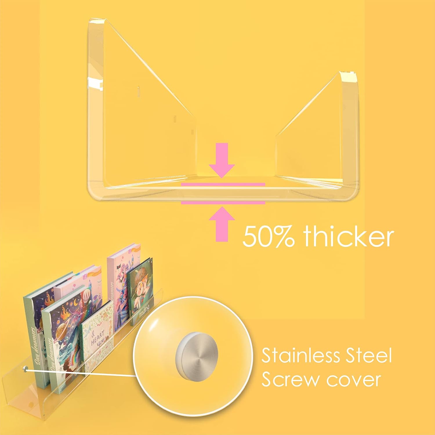 2 Packs 24 inches Clear Acrylic Shelves,Book Shelf for wall | Wall Mounted Display for Kids