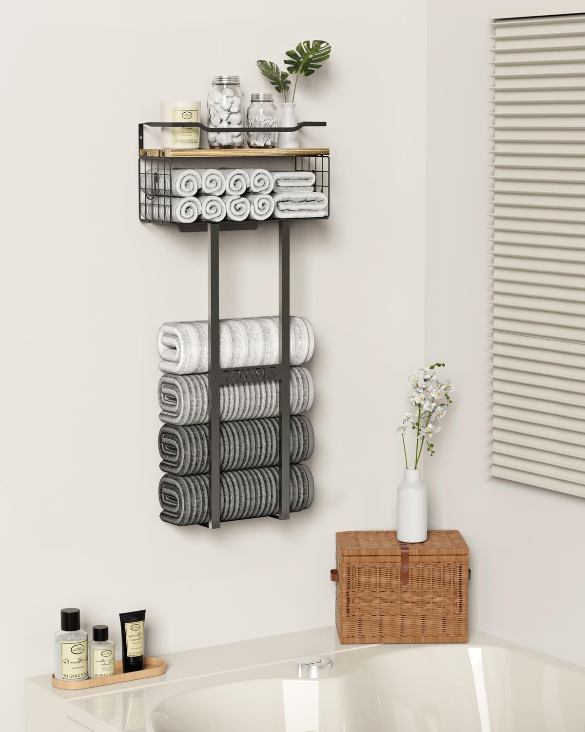 Aetyord Towel Racks for Bathroom - Wall Mounted Metal Rack with Wood Plank, Bathroom Storage Organizer, Towel Holder