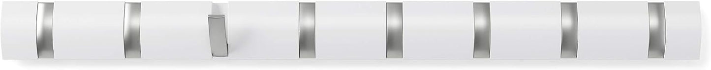 Umbra Flip Coat Rack, Wall Mount 8-Hook, Space Saving, White | Real wood and steel build, retractable hooks fold flat