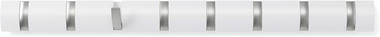 Umbra Flip Coat Rack, Wall Mount 8-Hook, Space Saving, White | Real wood and steel build, retractable hooks fold flat
